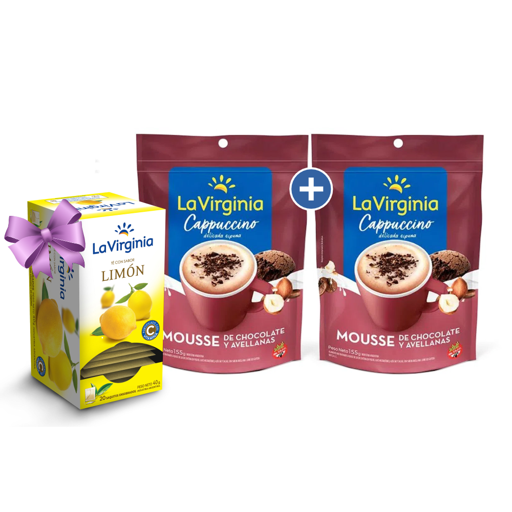 Pack x2 Café Cappuccino chocolate y avellanas La Virginia Caja x10 sticks + Té de regalo