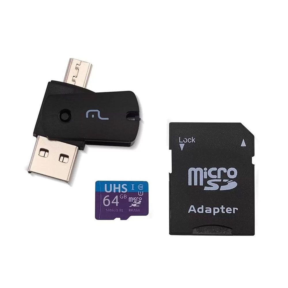 Entretener Alboroto Comandante Tarjeta De Memoria Micro SD 64GB + Adaptador SD + Adaptador USB Dual Drive  Multilaser MC152 - Districomp