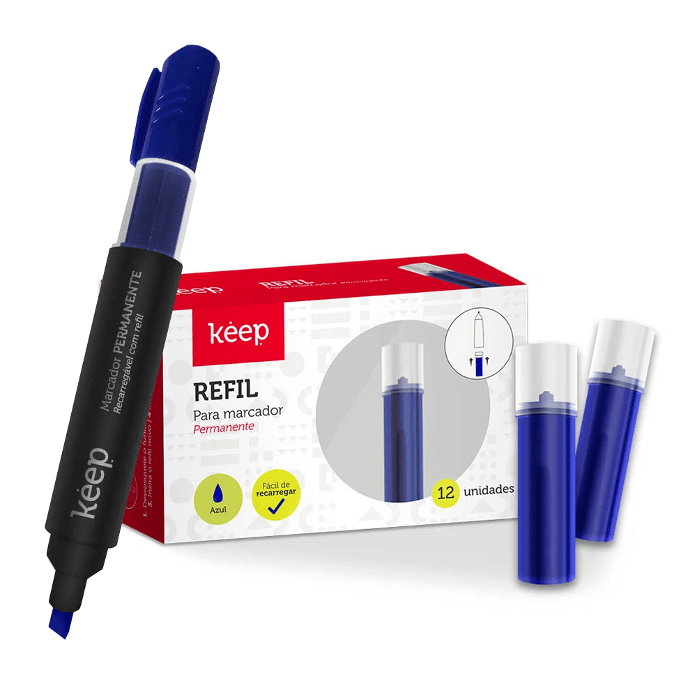 Marcador permanente recargable Azul MR013 + Recarga marcador x12 Keep MR014